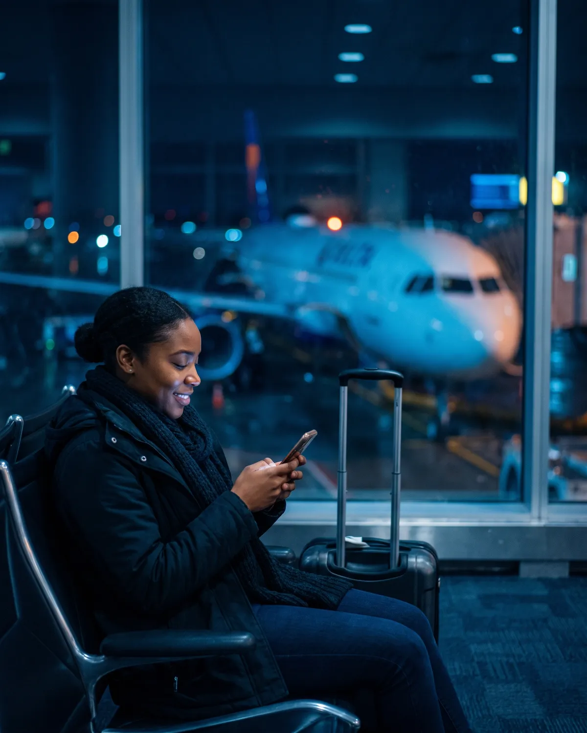 Une voyageuse sourit en regardant son téléphone à la porte d'embarquement, un avion derrière la vitre