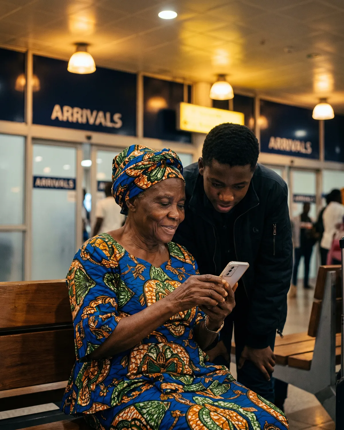 Une grand-mère et son petit-fils suivent un vol sur un téléphone dans le hall des arrivées d'un aéroport