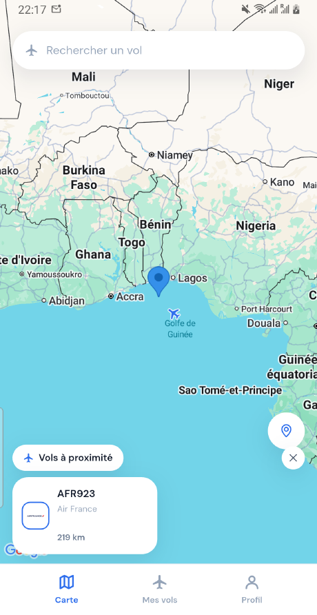 Carte des vols à proximité dans Maticfly